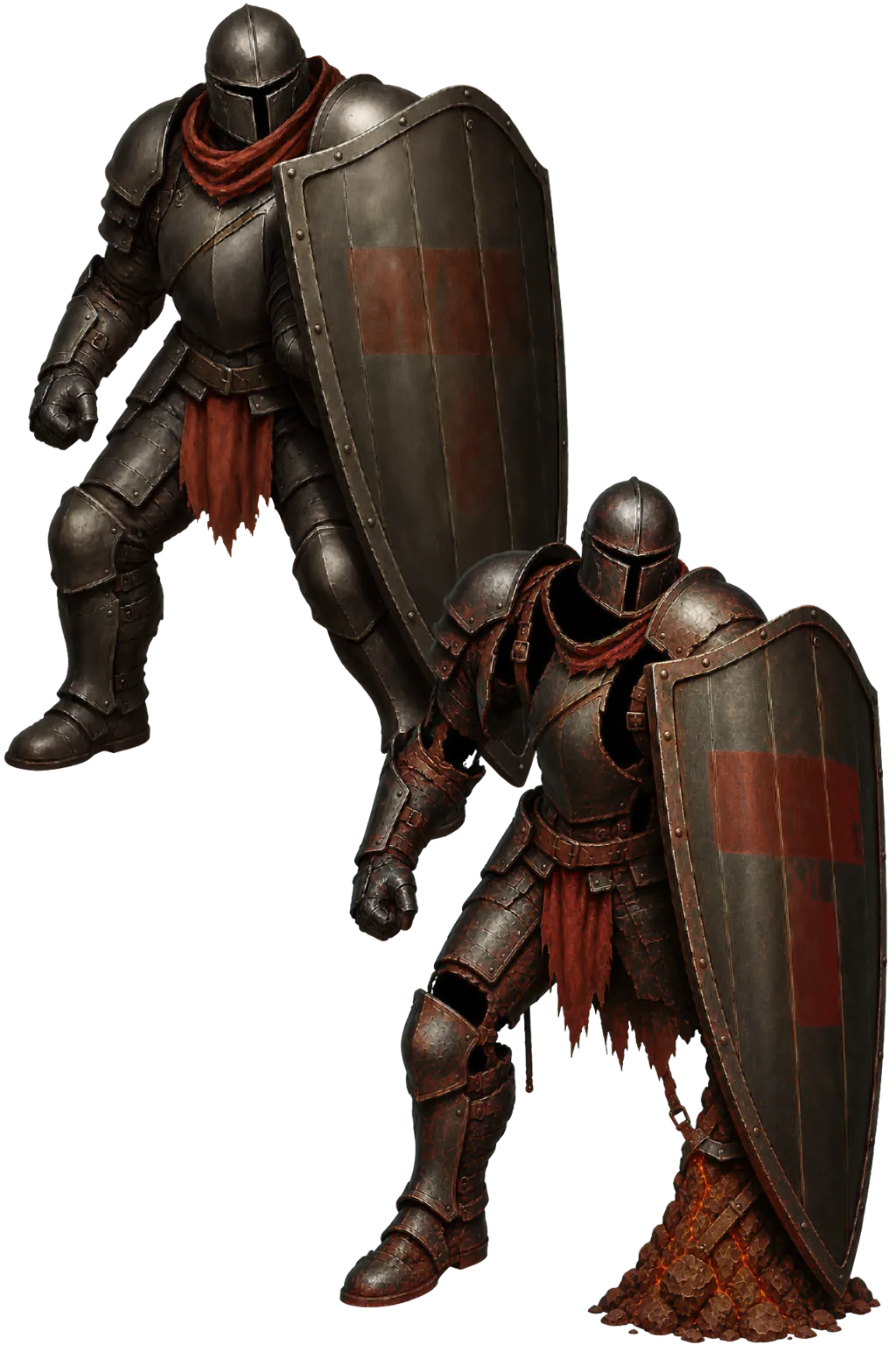 The Bulwark Guard changing from grounded plate armor into a cracked, ember-lit form.