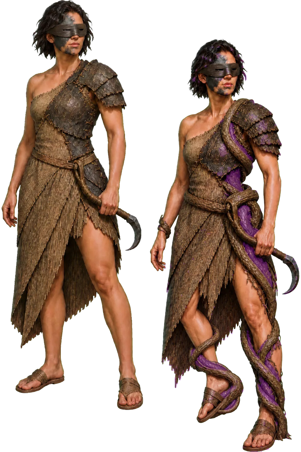 The Longweather Pilgrim changing from woven natural armor into a violet, overgrown form.