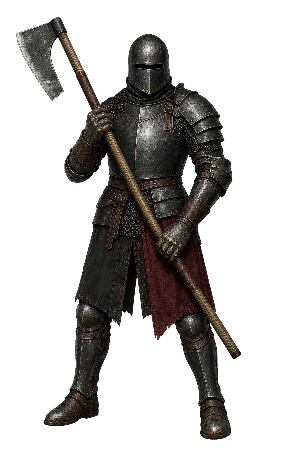 Current Executioner design in worn armor holding a long-handled axe across the body
