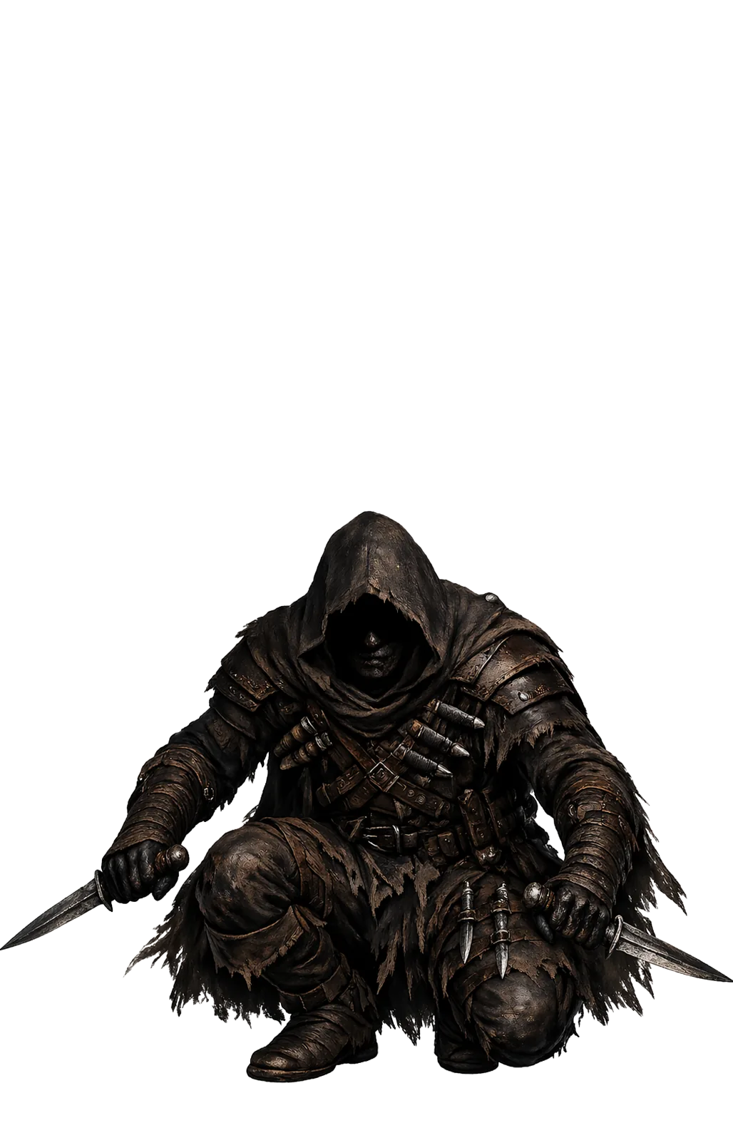 Earlier Flurry Stalker concept crouched beneath a hood with many knives and straps