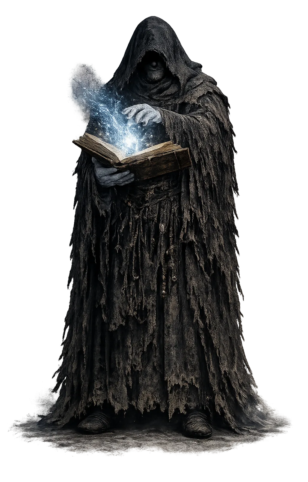 Earlier Occult Binder concept in a dark hood holding a glowing open book